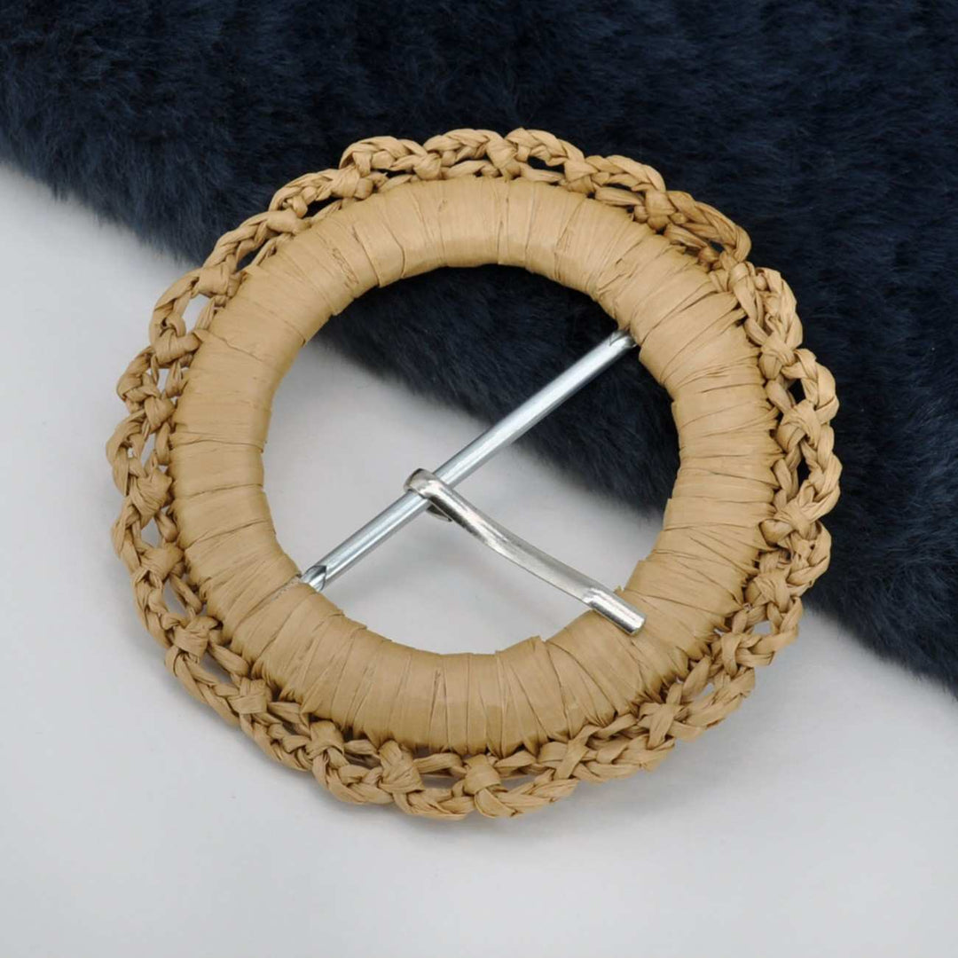 Handwoven Natural Straw Round Raffia Buckle