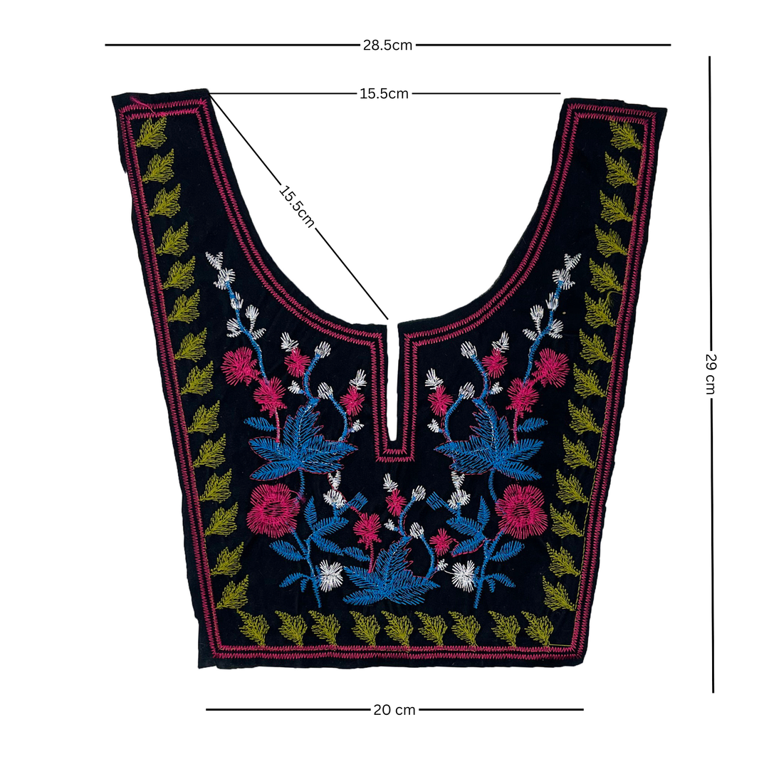 Round embroidery with rose and lily flower with leaf border design neckline