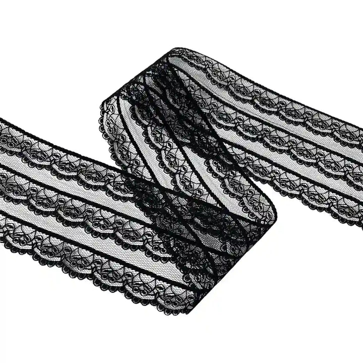 Black Multi-Striped Floral Lace | 5 Meters | SLU-B8