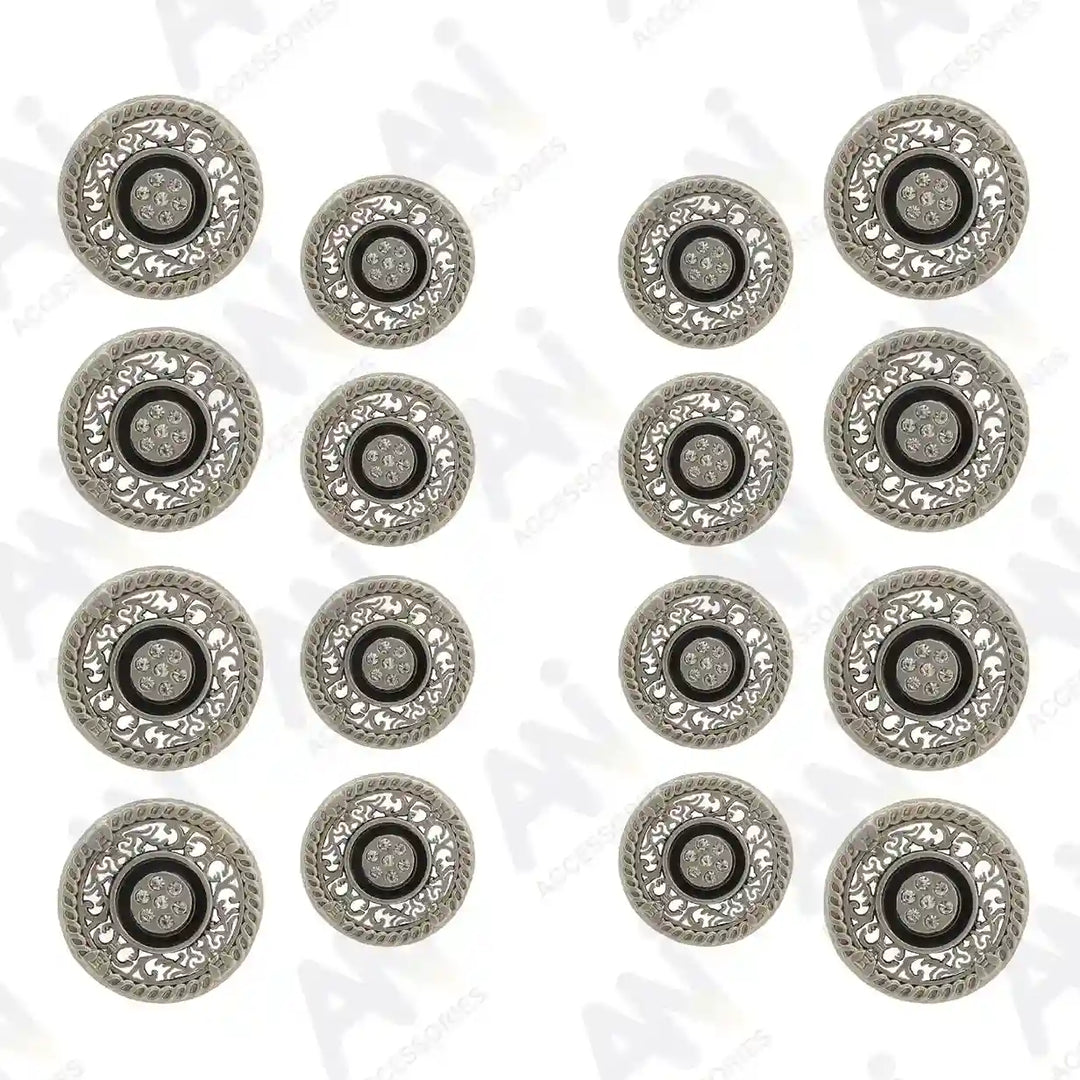 16 silver rhinestone-accented buttons by Ani Accessories, perfect for embellishing stylish clothing.