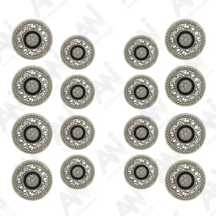 16 silver rhinestone-accented buttons by Ani Accessories, perfect for embellishing stylish clothing.