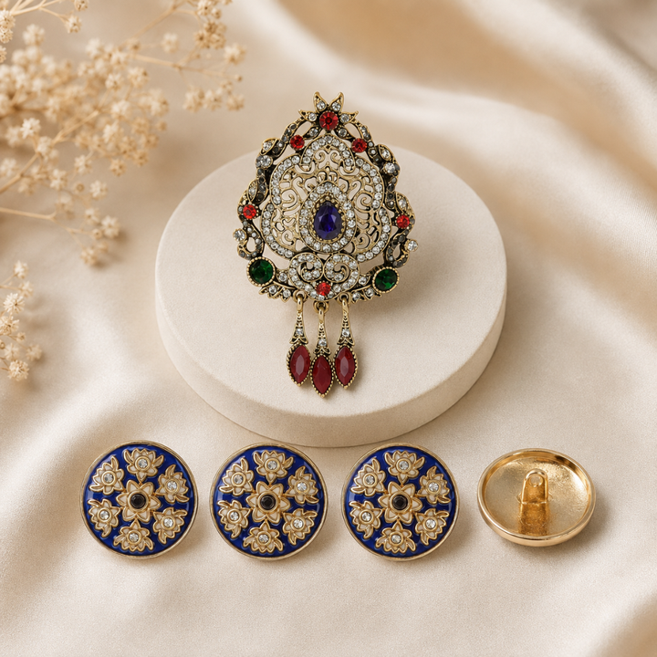 Designer Brooch & Blue Floral Buttons Combo Pack