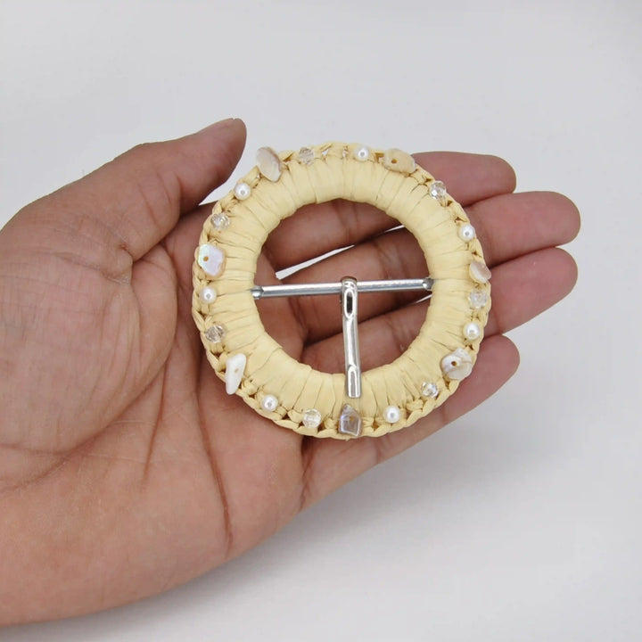 Artisanal Raffia Buckle with Shells & Pearls