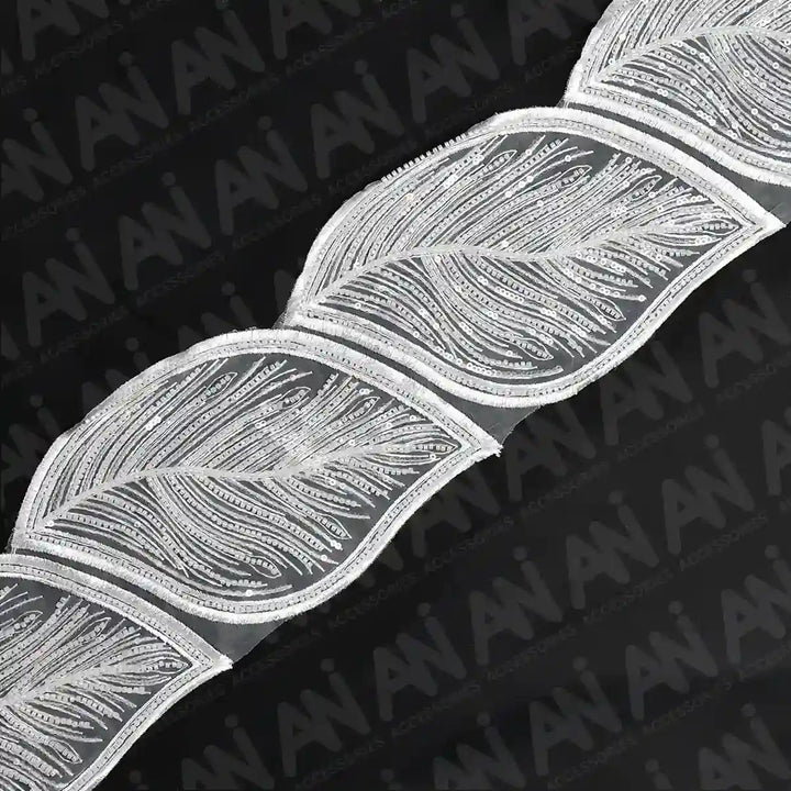 Beaded cut work Large Leaf Design Lace Trim on net | 1 meter