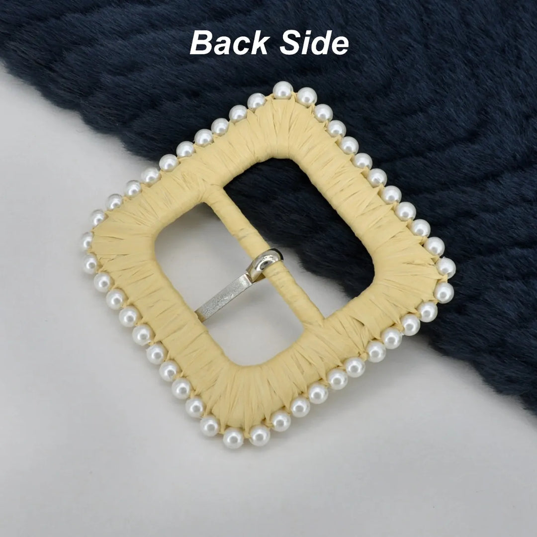 Cream Raffia Square Buckle with Pearl Border | 2.7 inches (7.1cm)