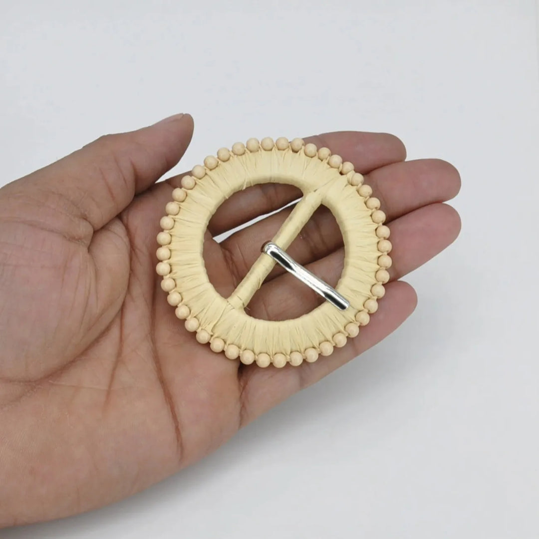 Natural Straw Round Buckle with Metal Pin | 2.5 inches & 3 inches