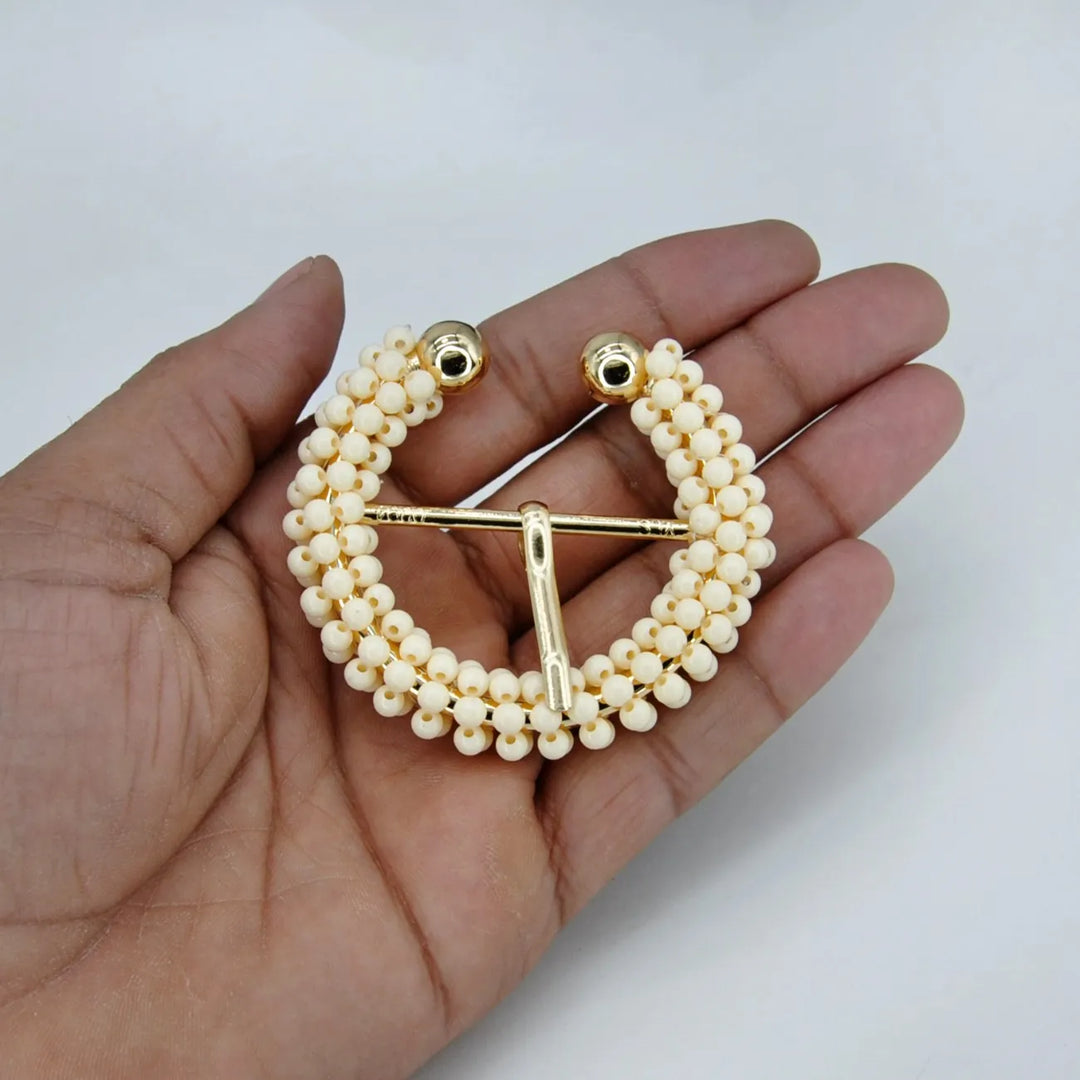 Ivory Beaded C & D Shape Buckle with Gold Finish