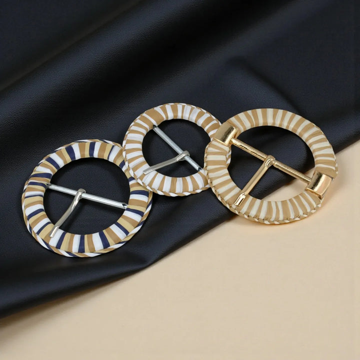 Handwoven Straw Round Buckle with Metal Pin