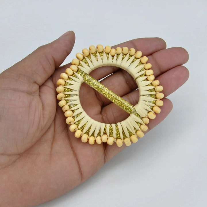 Mustard Raffia Round Buckle with Wooden Beads | 2.8 inches (7.2cm)