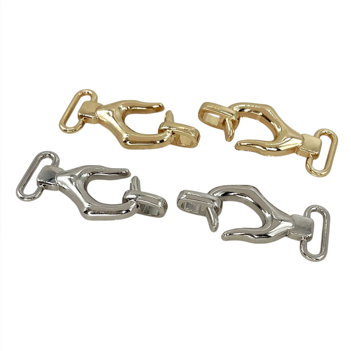 ANI Accessories 2 piece belt buckle shown open, hooks and centre link in gold and silver 