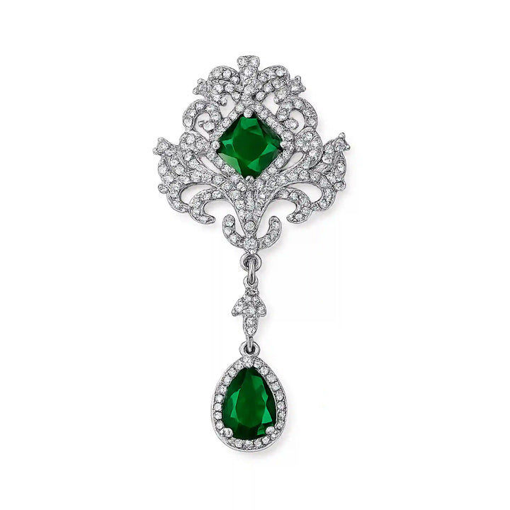 Ornate Emerald Dangle Brooch