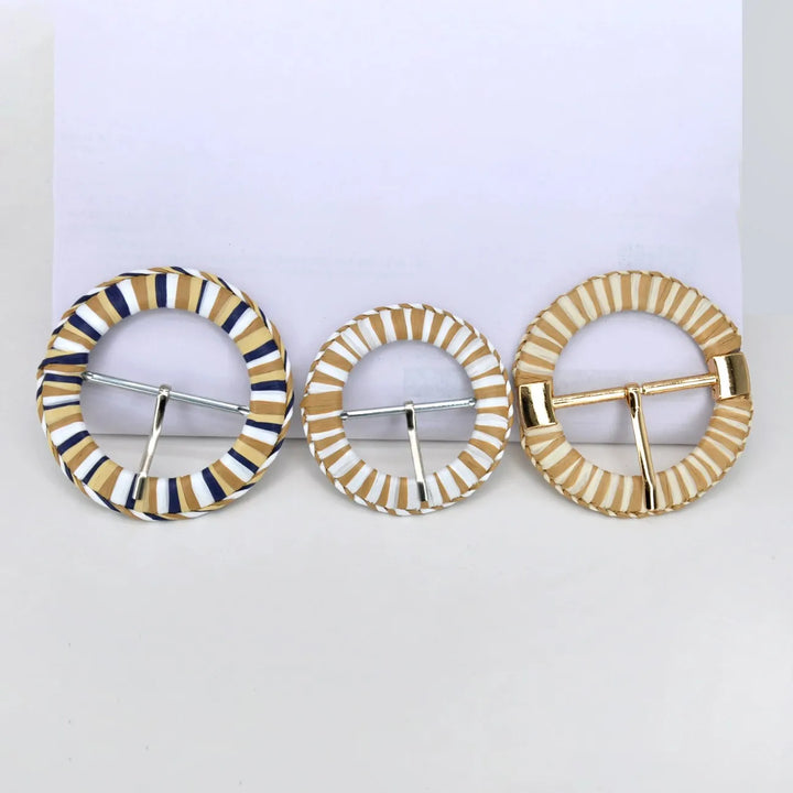 Handwoven Straw Round Buckle with Metal Pin