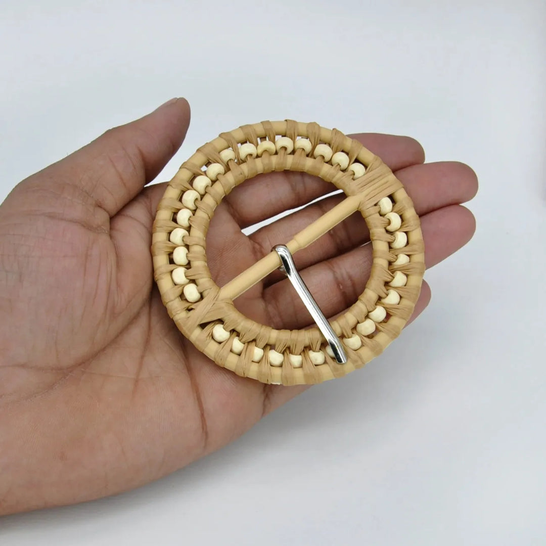 Handloom-Inspired Round Raffia Buckle | 3.1 inches (8cm)