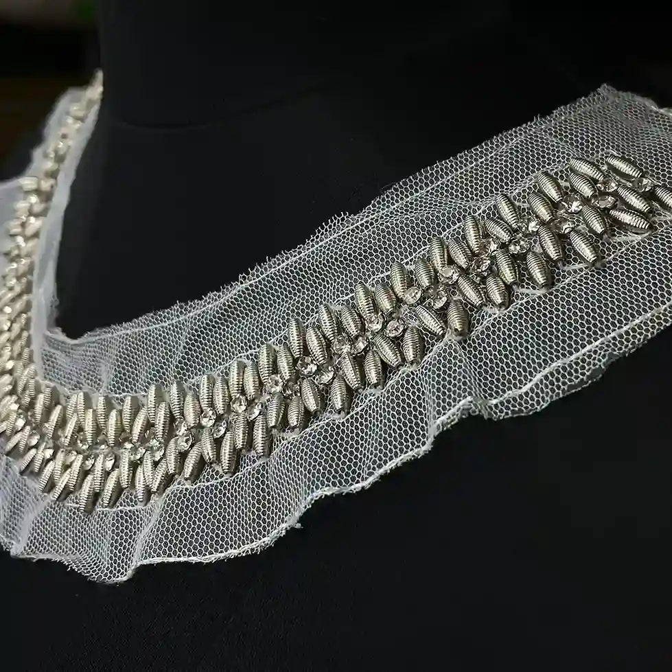 Textured Silver Beaded Trim on Mesh Neckline