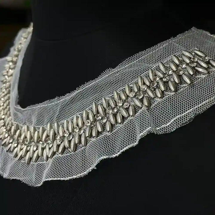 Textured Silver Beaded Trim on Mesh Neckline