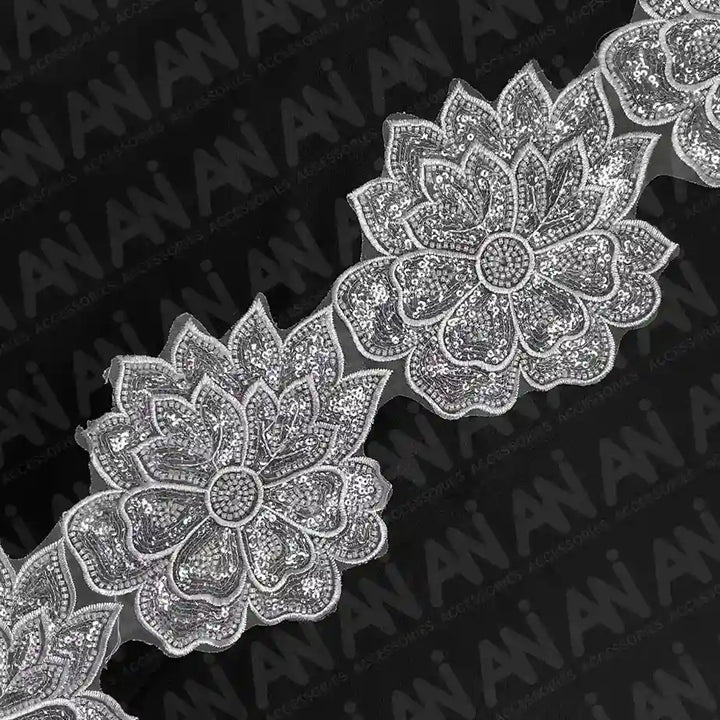 Beaded cut work Lotus Lace Trim on net | 1 meter