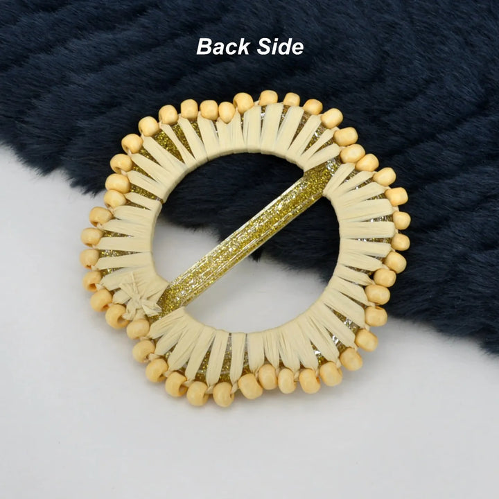 Mustard Raffia Round Buckle with Wooden Beads | 2.8 inches (7.2cm)