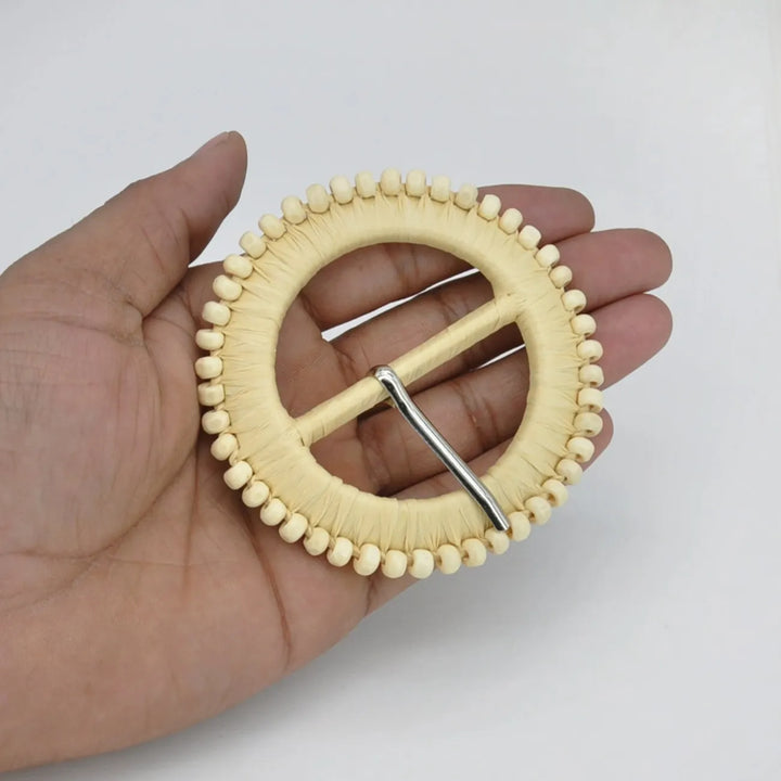 Natural Straw Round Buckle with Metal Pin | 2.5 inches & 3 inches