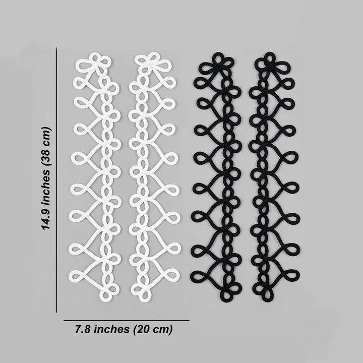 Two decorative lace trim strips shown on a gray background, one white and one black, with dimension labels indicating 14.9 inches by 7.8 Inches