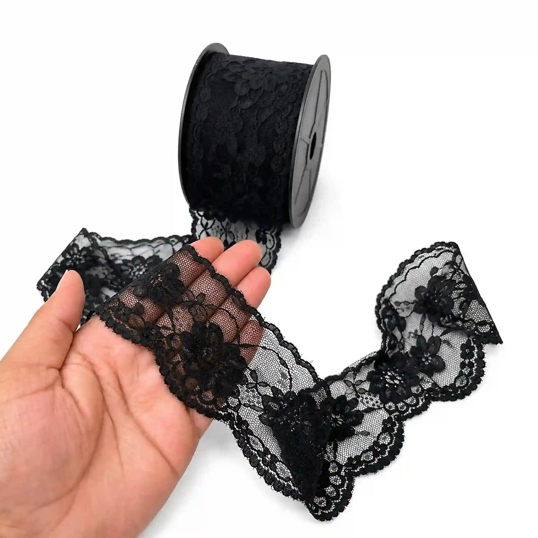 Black Scalloped Floral Lace | 5 Meters | SKU-B-4