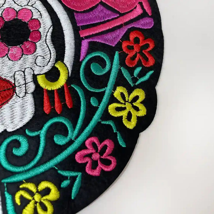 Mesoamerican Duality Skull Embroidered Hot Fix Patch