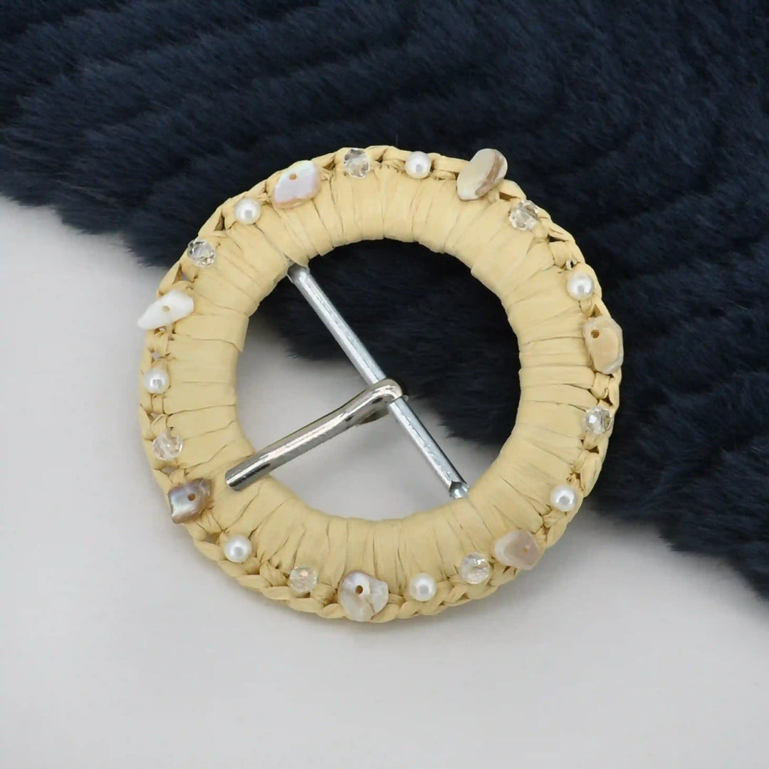 Artisanal Raffia Buckle with Shells & Pearls