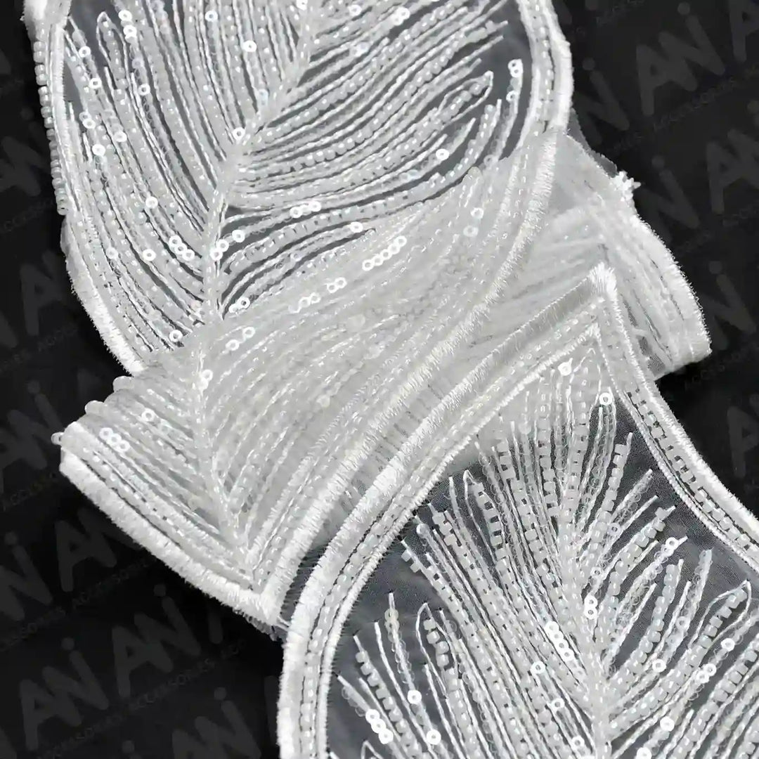 Beaded cut work Large Leaf Design Lace Trim on net | 1 meter