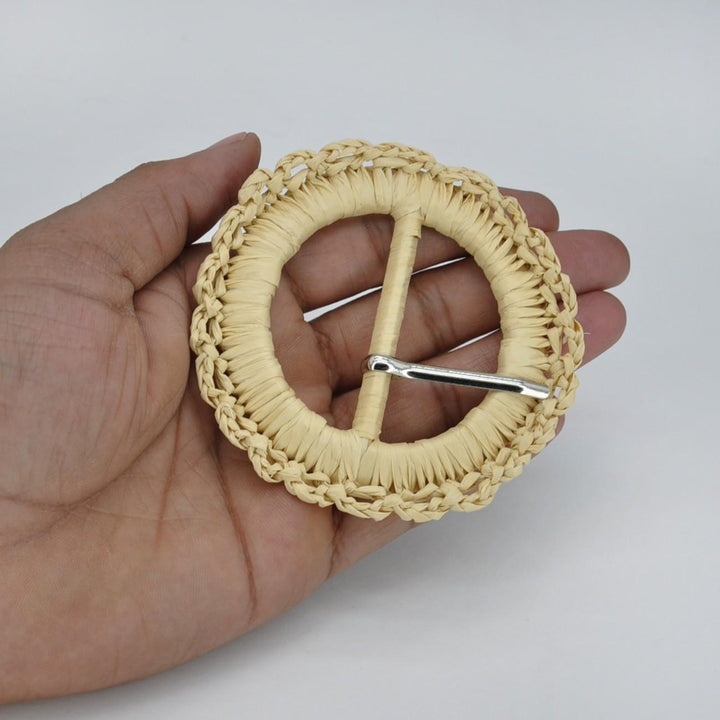 Handwoven Natural Straw Round Raffia Buckle