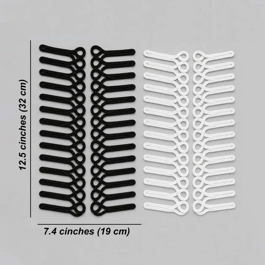 Frog closure braid loop sew-on patches in black and white with size chart: 12.5 inches (32 cm) long, 7.4 inches (19 cm) wide per pair