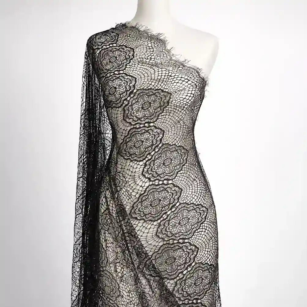 3 meter panel 58 inch black floral corded net French lace fabric by Ani Accessories for bridal dress and DIY