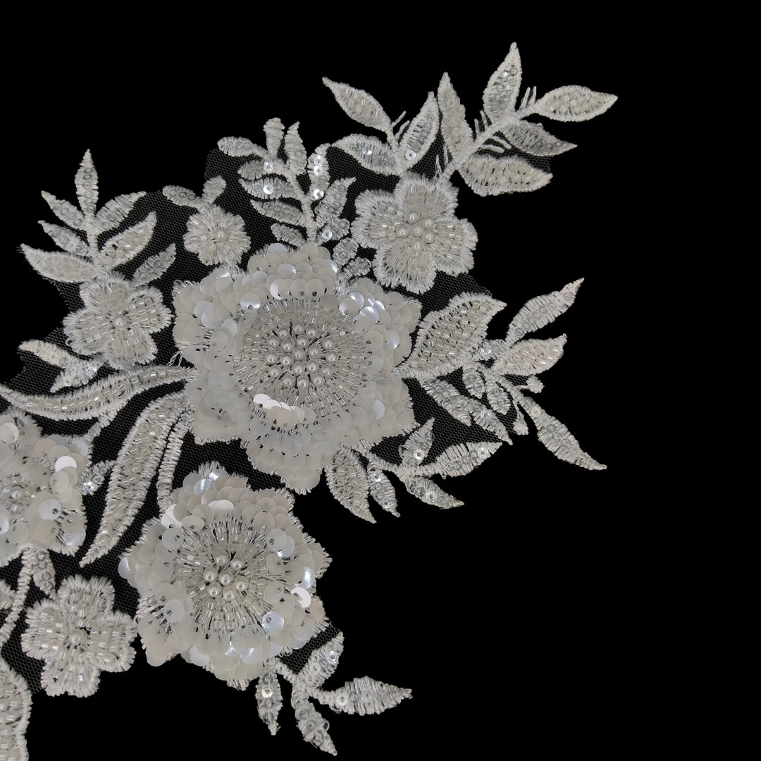 ANI Accessories 3D floral patch for clothes with sequin petals and embroidered leaves, on black background  