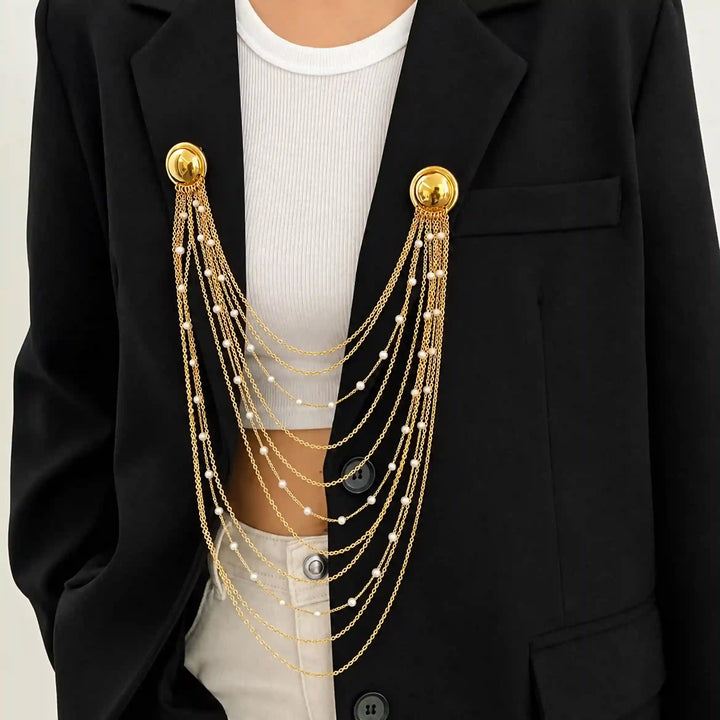 Layered Chain Brooch for Blazer – Pin Tassel Brooch