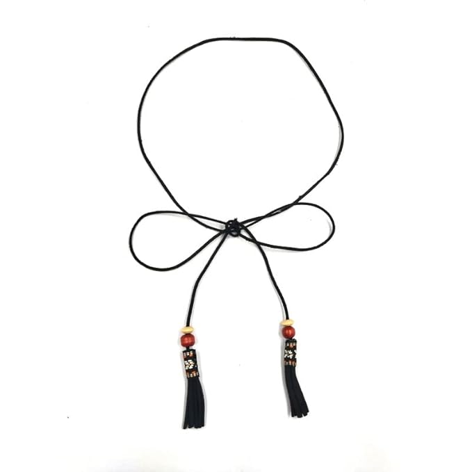 Women Suede Belt/Cord for Skiny Girl/Women with Wooden Beeds Tassel (Black)