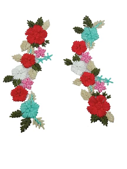 Red Detailed Embroidered Colourful Floral Flower Sew On Applique Patch 2 Pcs