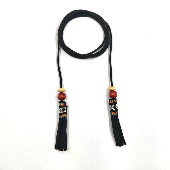 Women Suede Belt/Cord for Skiny Girl/Women with Wooden Beeds Tassel (Black)