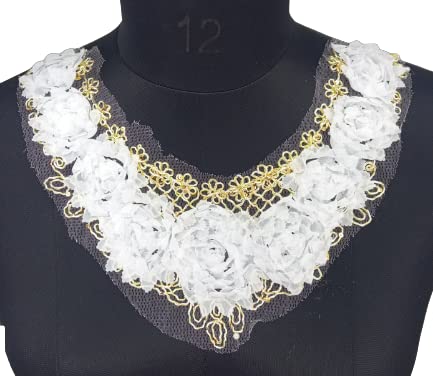 Embroidered Rose Flower Golden Work Neckline, Dyeable Sewing Neck Applique, Sew On Patch Neck Applique Dress Motif Applique
