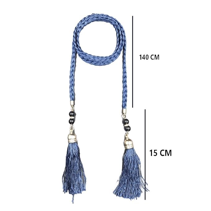 Tassel with Pearl Detailing Braided Polyester Waist Belt/Rope/Cord for Women/Girls (Blue)