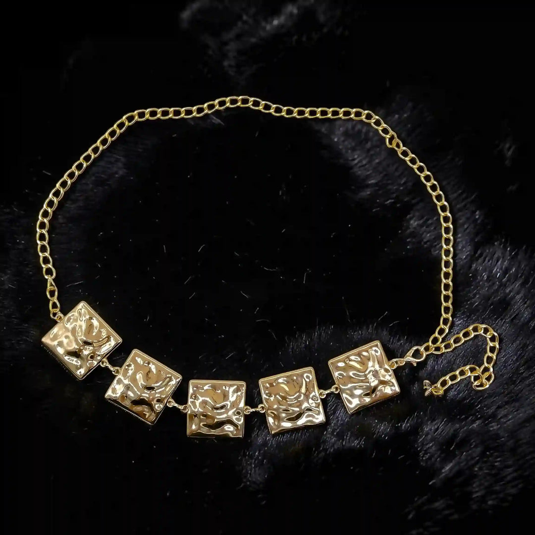 Elegant Gold Square Link Metal Waist Belt for Women