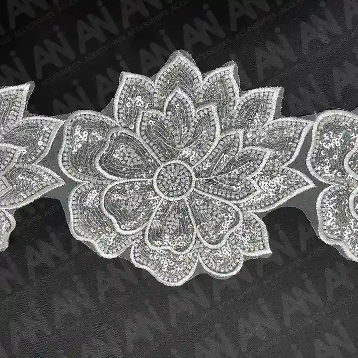 Beaded cut work Lotus Lace Trim on net | 1 meter
