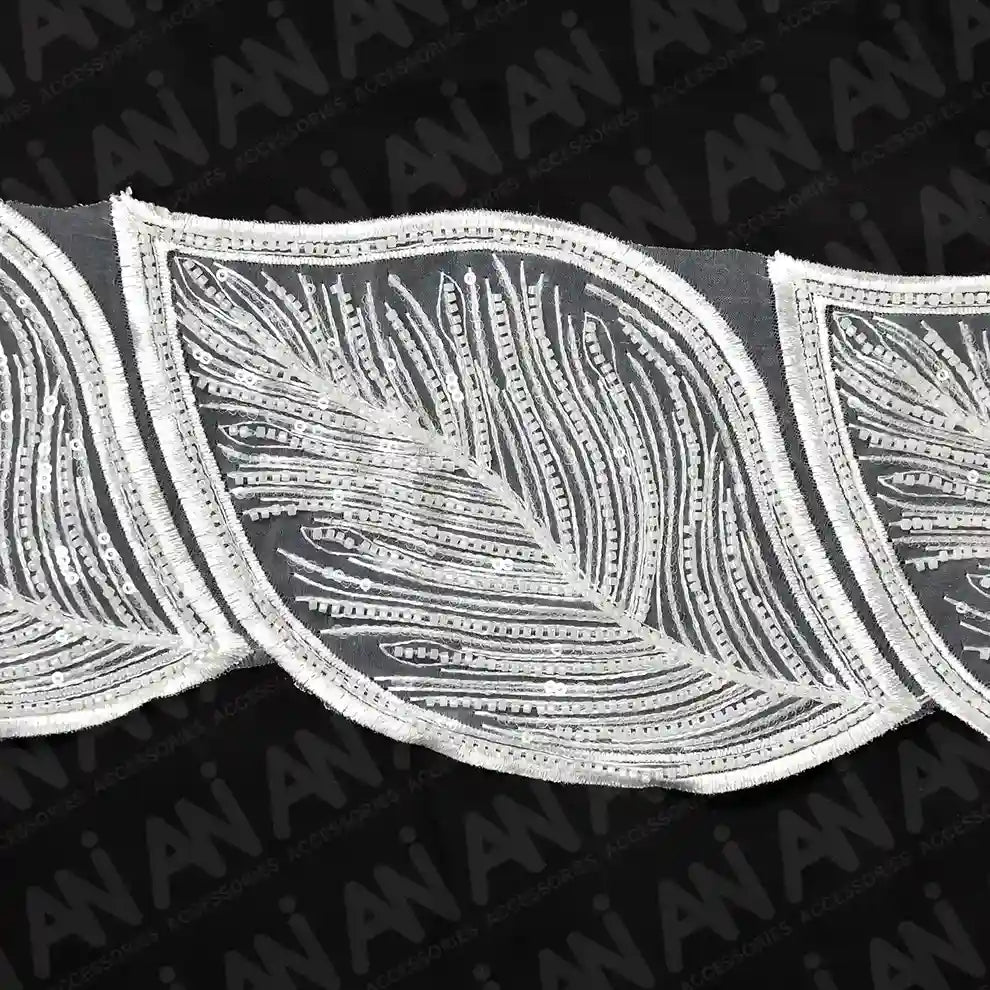 Beaded cut work Large Leaf Design Lace Trim on net | 1 meter