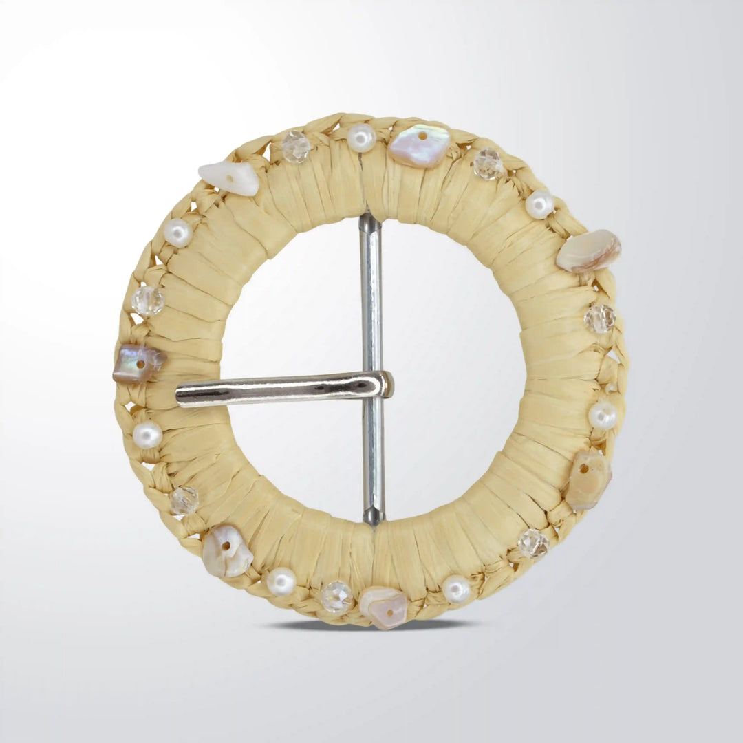 Artisanal Raffia Buckle with Shells & Pearls