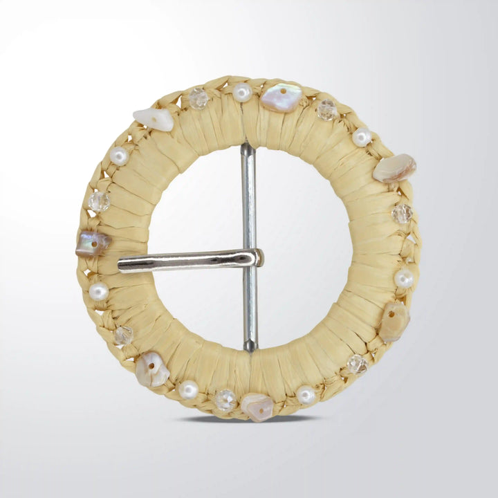 Artisanal Raffia Buckle with Shells & Pearls