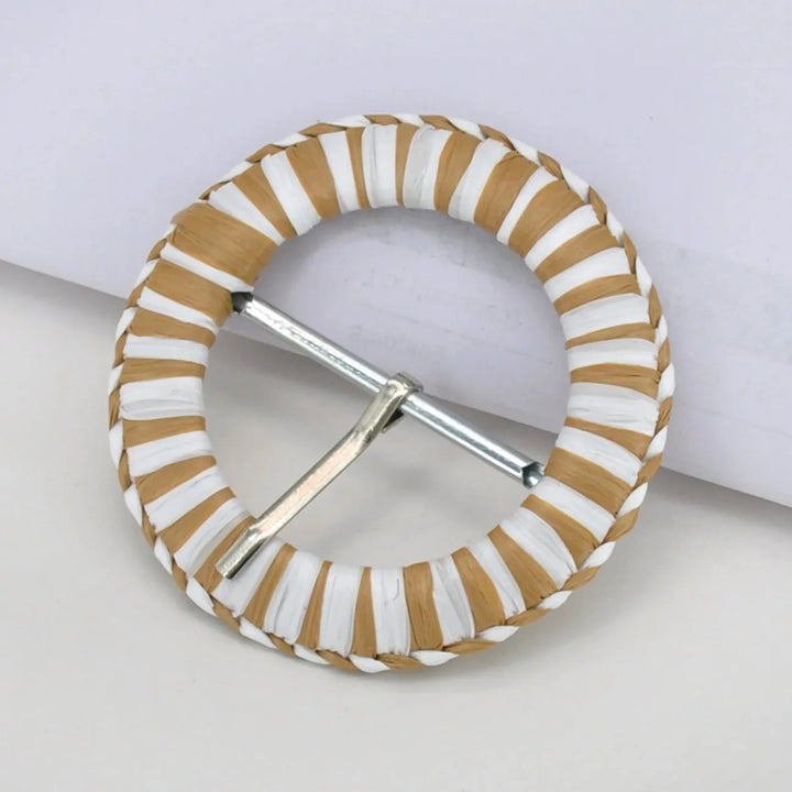 Handwoven Straw Round Buckle with Metal Pin