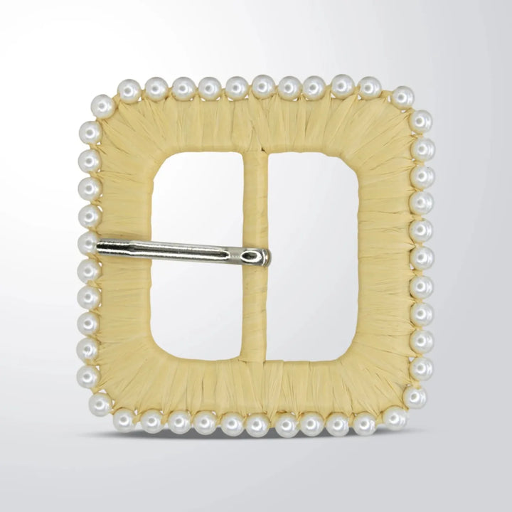 Cream Raffia Square Buckle with Pearl Border | 2.7 inches (7.1cm)