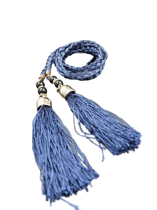 Tassel with Pearl Detailing Braided Polyester Waist Belt/Rope/Cord for Women/Girls (Blue)