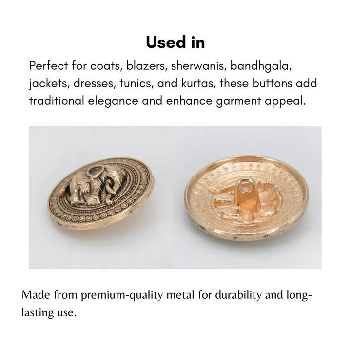 Good Luck Elephant Motif Antique Gold Metal Button | 23mm(36L) & 18mm(28L)