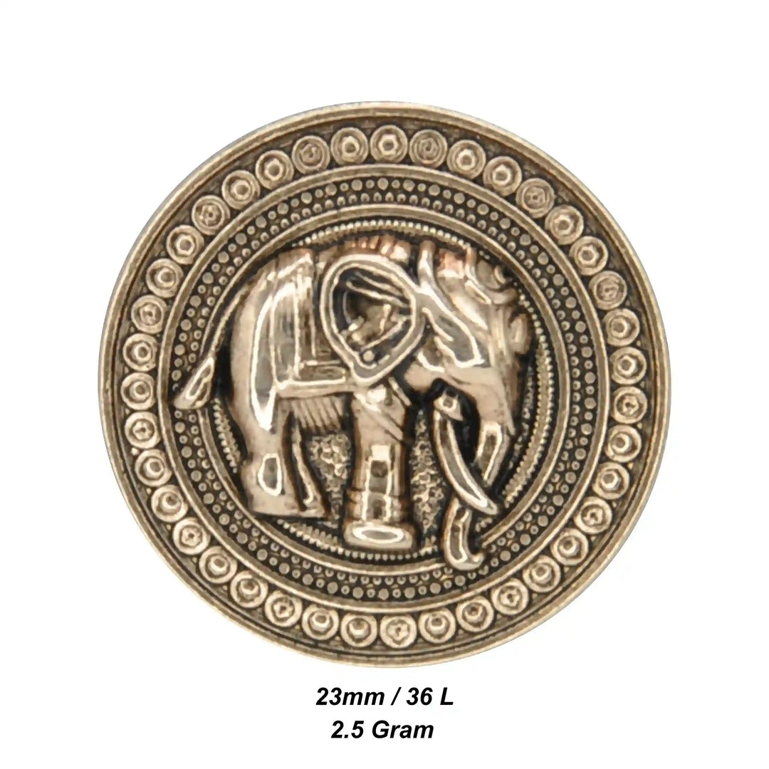 Good Luck Elephant Motif Antique Gold Metal Button | 23mm(36L) & 18mm(28L)
