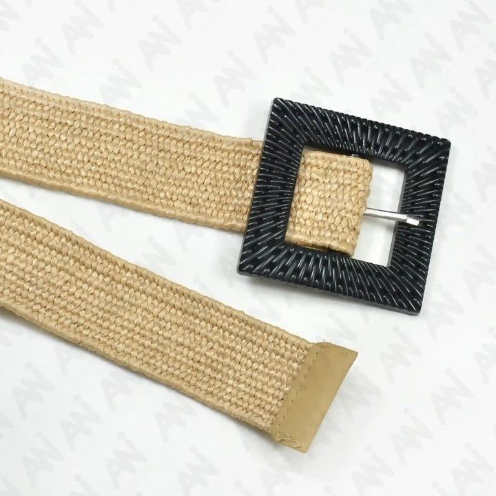 Square Black Textured Buckle Raffia Belt