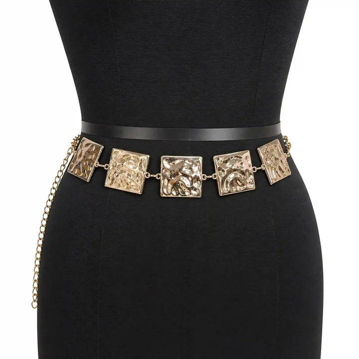 Elegant Gold Square Link Metal Waist Belt for Women