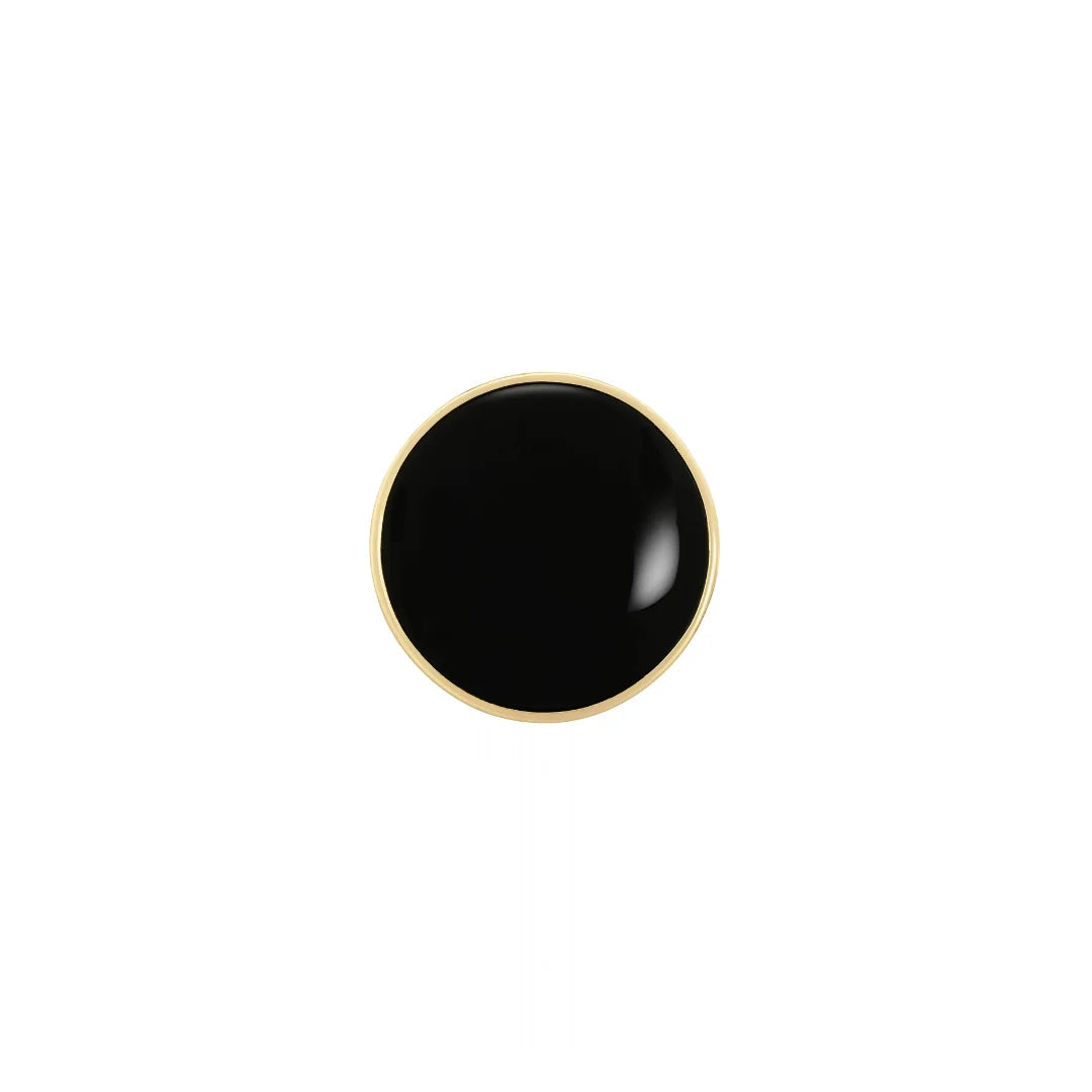 Round black resin button with polished gold metal rim (10)mm, front view on white background